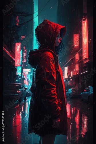 generative ai. Cyberpunk. Night city in neon rays. The girl in the red raincoat is coming