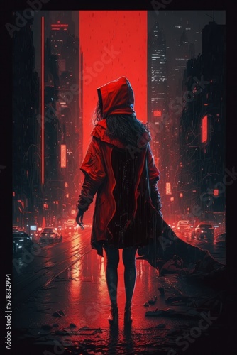 generative ai. Cyberpunk. Night city in neon rays. The girl in the red raincoat is coming