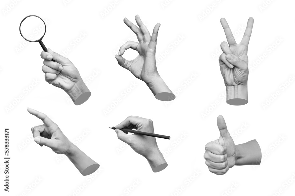 Set of 3d hands showing gestures such as ok, peace, thumb up, point to object, holding a magnifying glass, writing isolated on white background. Contemporary art in magazine style. Modern design - obrazy, fototapety, plakaty 