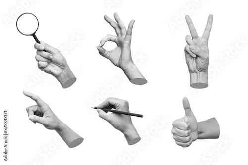 Papier peint Set of 3d hands showing gestures such as ok, peace, thumb up, point to object, holding a magnifying glass, writing isolated on white background