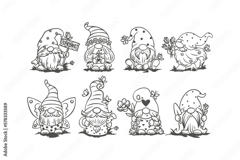 Black white gnomes or dwarfs isolated outline vector illustration Stock