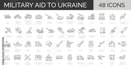 Fotografiet Set of 48 line icons related to military aid to Ukraine