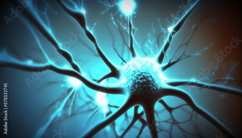 Neurological brain stem cells, firing neurons on dark background, Generative AI
