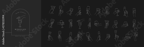 Collection of different woman hands gestures hold wineglass or drink cocktails. Minimal linear trendy style. Line icons or symbol of female hand for logo in restaurant or bar. Vector