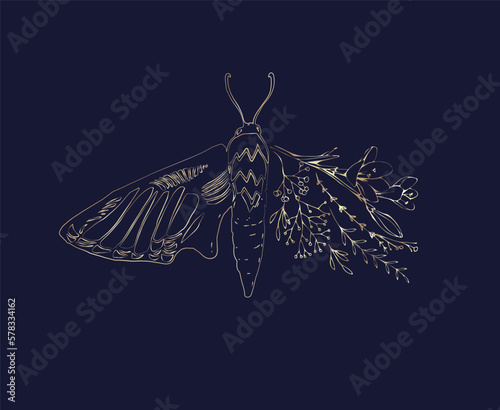 Canvas Print Half shape butterfly with branch and flowers for tattoo t-shirt print or wall art