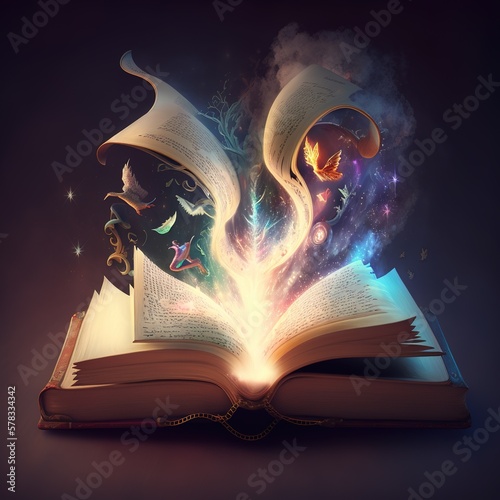 open ancient magic book with beautiful special effects, generative AI