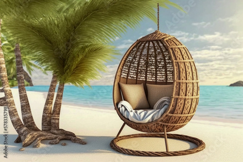  Cute cozy egg chair on the beach, paradise landscape, super photo realistic background, generative ai