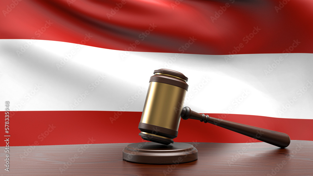 Austria country national flag with judge gavel hammer on court desk concept of constitutional law and justice based on wood desk table 3d rendering image
