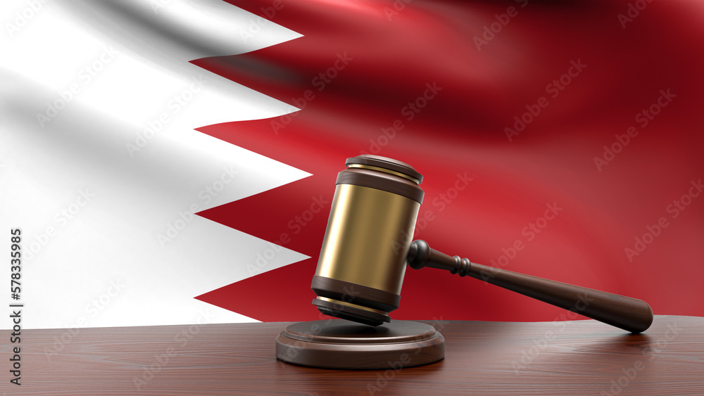 Bahrain country national flag with judge gavel hammer on court desk concept of constitutional law and justice based on wood desk table 3d rendering image