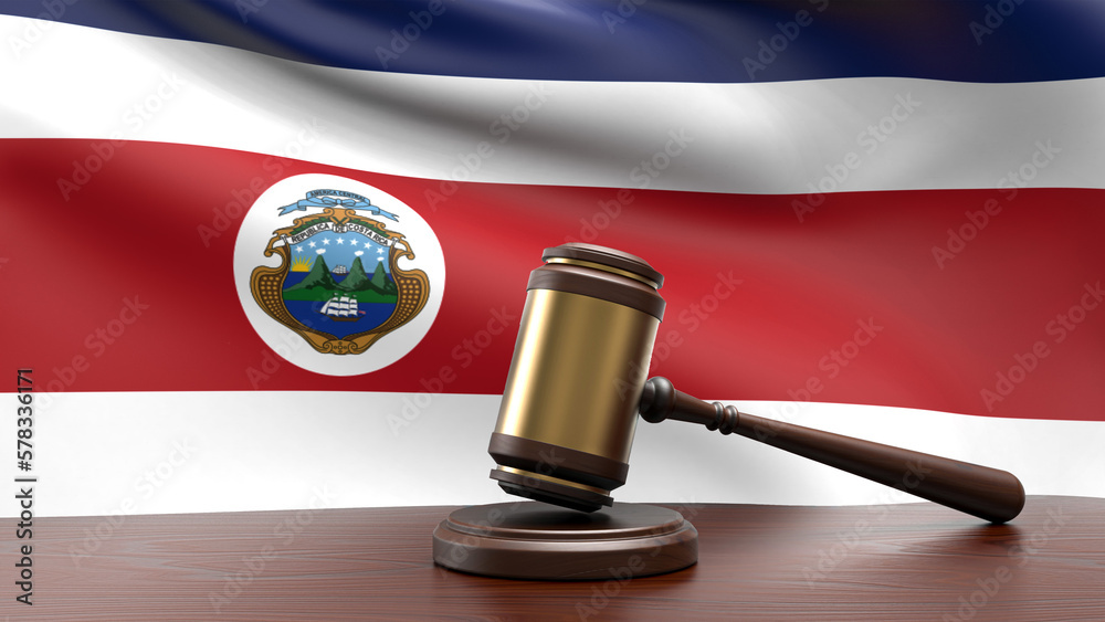 Costa Rica country national flag with judge gavel hammer on court desk concept of constitutional law and justice based on wood desk table 3d rendering image