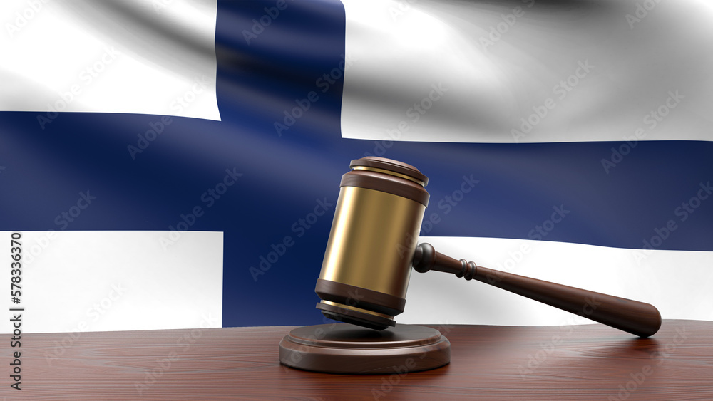 Finland country national flag with judge gavel hammer on court desk concept of constitutional law and justice based on wood desk table 3d rendering image
