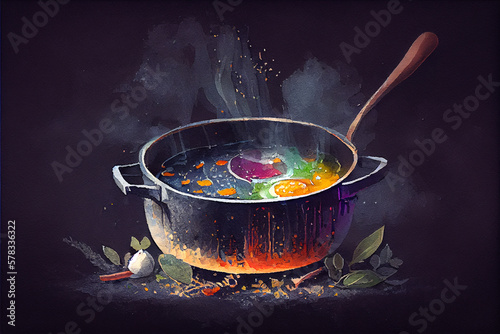 A steaming hot soup served in a pan with rich broth and chunks of vegetables, generative ai illustration