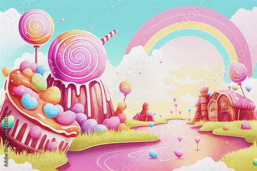 A landscape of sweet cupcakes with a river of gingerbread jelly houses and a rainbow in pastel colors.AI generated.