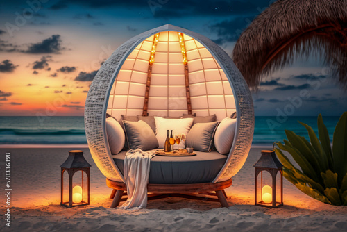 Cute cozy egg chair on the beach, paradise landscape, super photo realistic background, generative ai