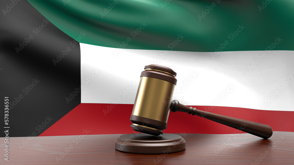 Kuwait country national flag with judge gavel hammer on court desk concept of constitutional law and justice based on wood desk table 3d rendering image