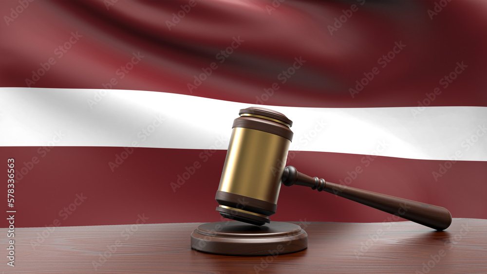 Latvia country national flag with judge gavel hammer on court desk concept of constitutional law and justice based on wood desk table 3d rendering image