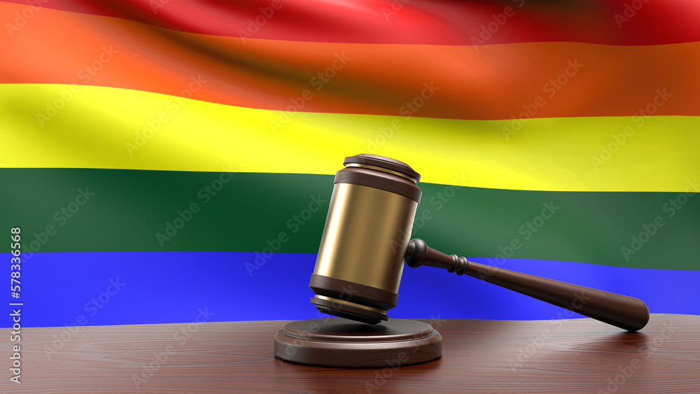 LGBT country national flag with judge gavel hammer on court desk concept of constitutional law and justice based on wood desk table 3d rendering image
