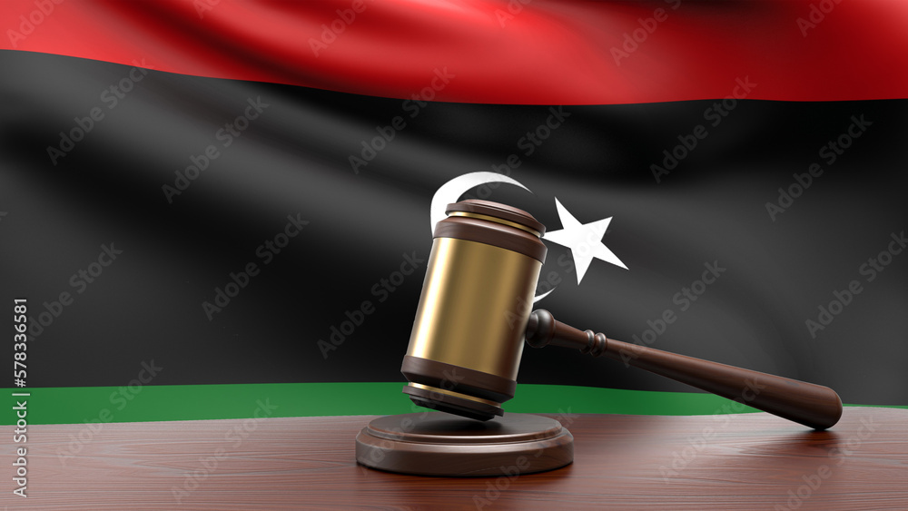 Libya country national flag with judge gavel hammer on court desk concept of constitutional law and justice based on wood desk table 3d rendering image