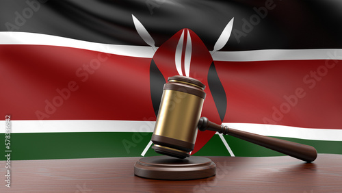 Kenya country national flag with judge gavel hammer on court desk concept of constitutional law and justice based on wood desk table 3d rendering image photo