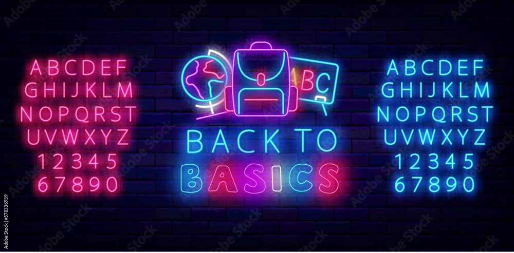 Back to basics neon sign. Backpack, globe and board. Luminous pink and blue alphabet. Vector illustration