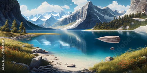 Mountain landscape, lake and mountain range, large panorama. Ai Generative