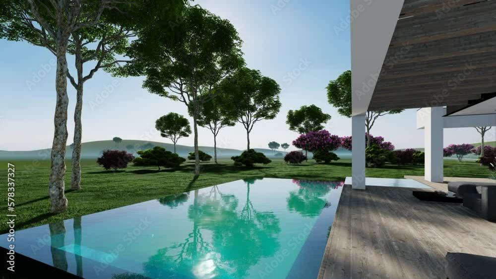 4K video rendering of modern cozy house with pool and parking for sale or rent in luxurious style and beautiful landscaping on background. Summer sunny day with clear blue sky. 4K video rendering of modern cozy house with pool and parking for sale or rent in luxurious style and beautiful landscaping on background. Summer sunny day with clear blue sky.