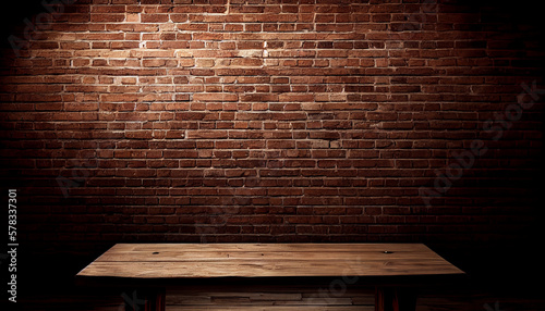 Empty wood table top with old brick wall background. To create product display. Generative Ai.