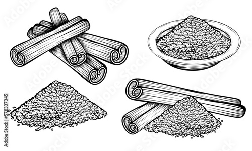 Set of cinnamon sticks, ground cinnamon powder vector line art illustration