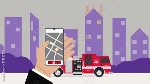 Smartphone app. Call the fire department. Animation
