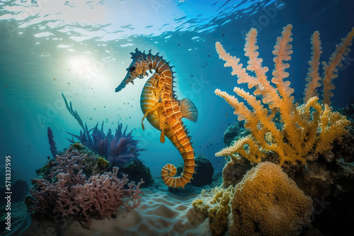 Image for 3d floor. Underwater world. Seahorse. corals. (ai generated)
