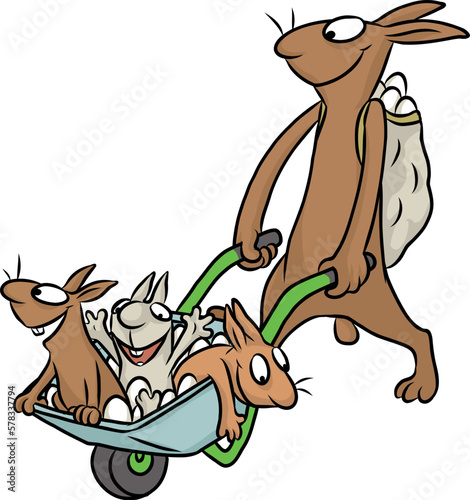 Cartoon Illustration von einem niedlichen Osterhasen beim Multitasking, der Arbeit, Familie und Vaterrolle verbindet, indem er eine Schubkarre mit seinen Kindern und Ostereiern zum Osterfest schiebt