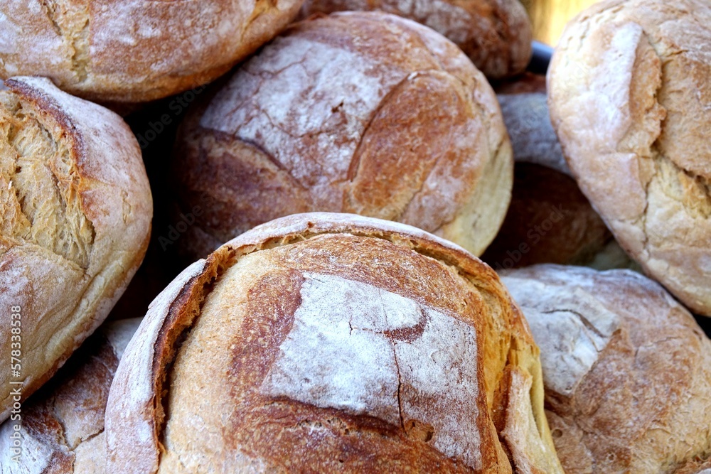 Close up image of pile of bread of Altamura: a traditional bakery product from Altamura, in the city of Bari in the territories of the Murgia municipalities, Italy