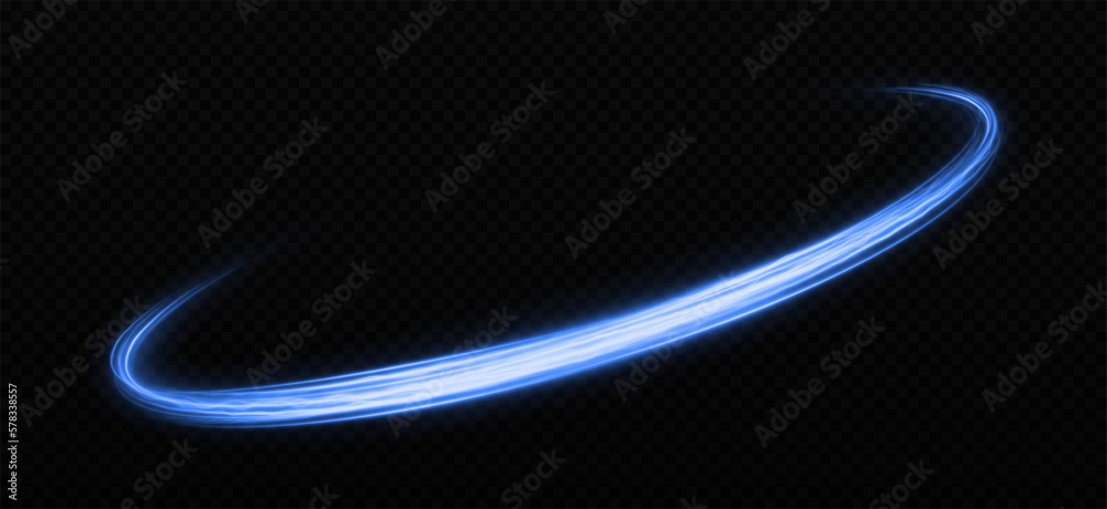 Shiny lines with sparkles. Magic blue comet light trail with glitter particles. Space wavy lines twinkle on transparent background.  - obrazy, fototapety, plakaty 