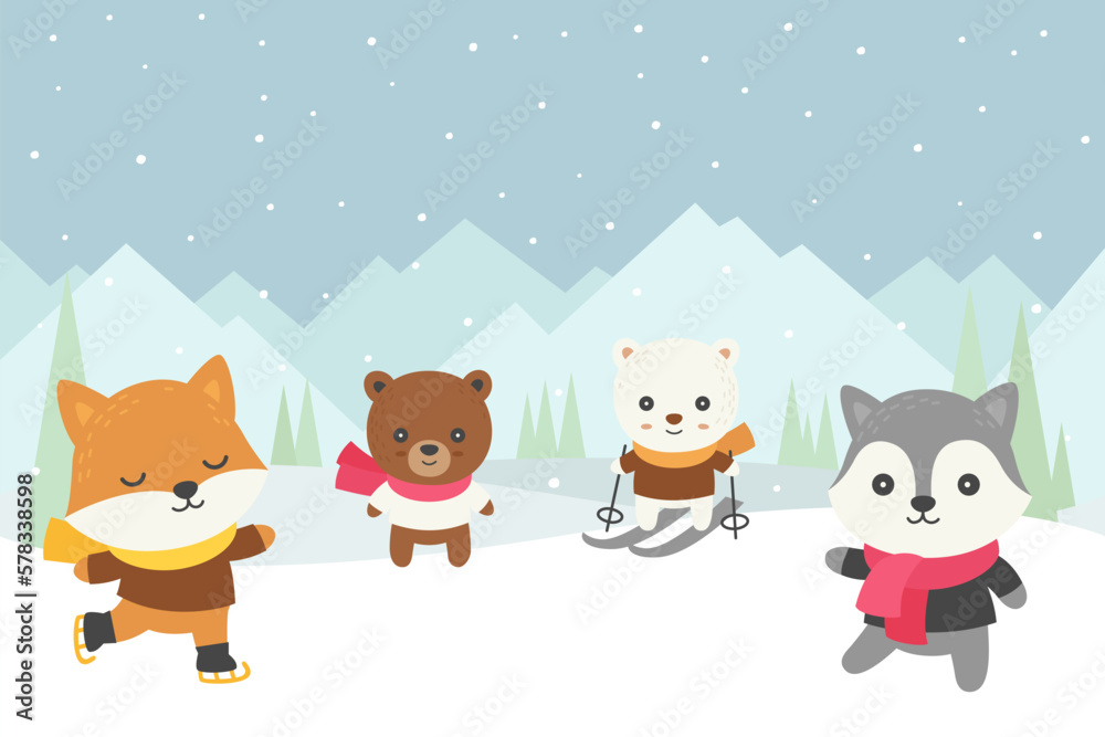 Winter animals doodle playing in snow mountain Winter animals doodle playing in snow mountain