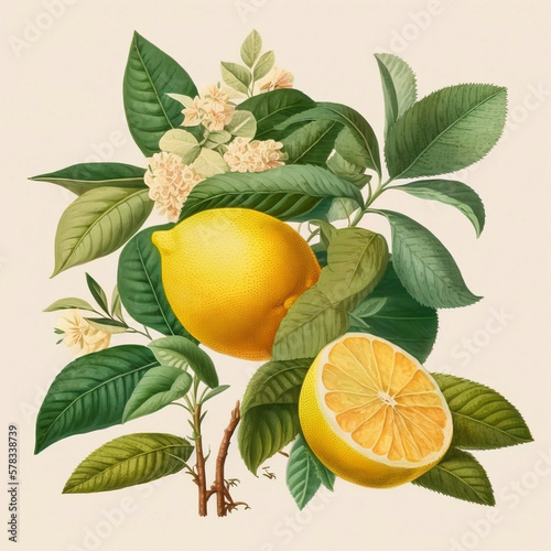 Papier peint Lemon or citrus limon plant with fruits and flowers as in the vintage botanical