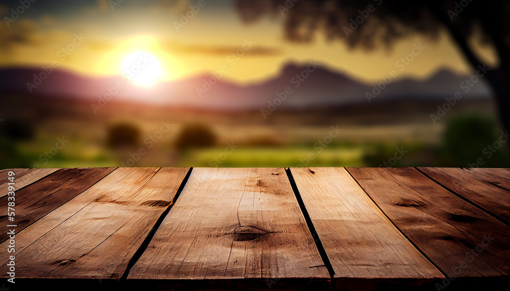 Empty wood table top with the mountain landscape. Top view serenity. For montage product display layout. Empty wood table top with the mountain landscape. Top view serenity. For montage product display layout.