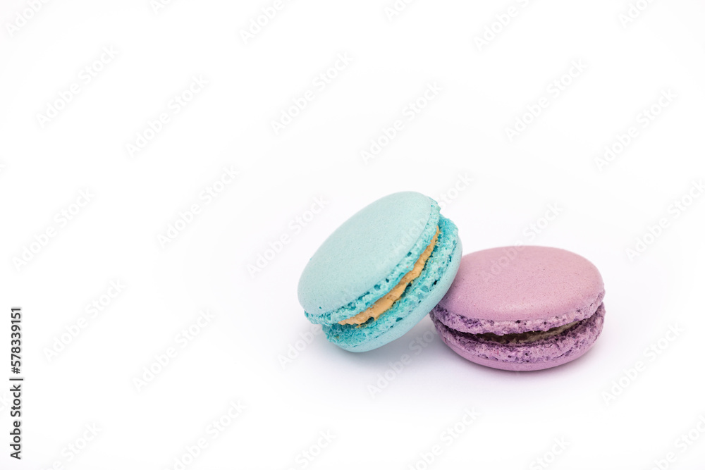 Macaroons, baked sweets from the pastry shop on white background Macaroons, baked sweets from the pastry shop on white background