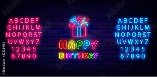 Happy Birthday neon label. Colorful typography with gift box. Holiday celebration. Vector stock illustration