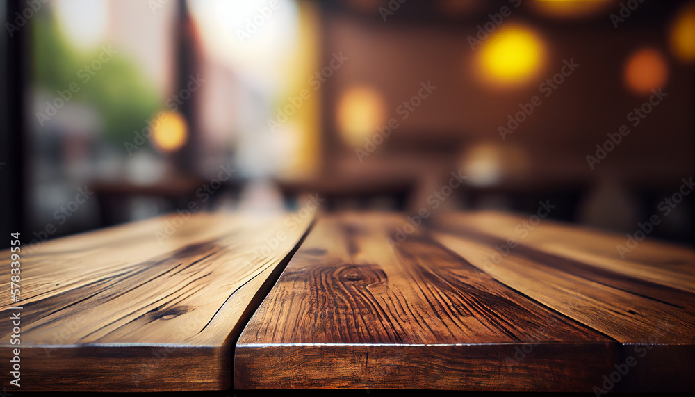 Empty wood table top with blurred bokeh cafe background. Blurred coffee shop interior background.