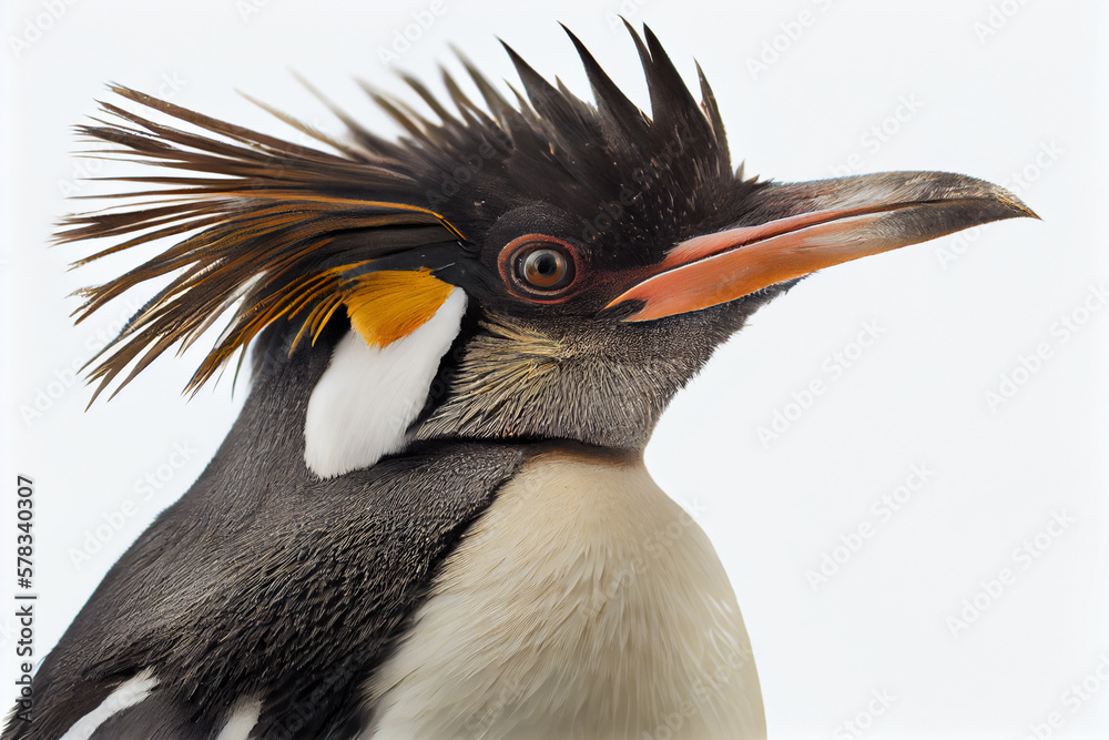 Naklejka premium Rockhopper penguin close up portrait, isolated on white background