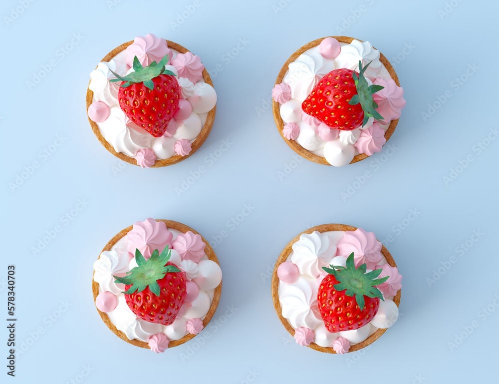 Tartlets with small meringues in white and pink, with fresh strawberry, top view. Sweet dessert for the pastry, isolated on a pastel pink background. 3d render illustration. Tartlets with small meringues in white and pink, with fresh strawberry, top view. Sweet dessert for the pastry, isolated on a pastel pink background. 3d render illustration.