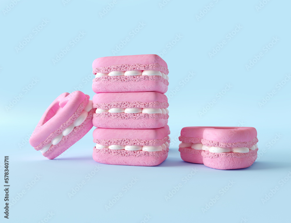 Tasty heart-shaped macaroons stack on the table, love macaroon with white cream. Flat pastel blue background. Small pink heart shape crunchy cakes. 3d render illustration. Tasty heart-shaped macaroons stack on the table, love macaroon with white cream. Flat pastel blue background. Small pink heart shape crunchy cakes. 3d render illustration.