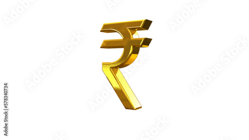 Golden Indian rupee sign isolated on white background 3d render. Golden Rupee Currency Icon Isolated.