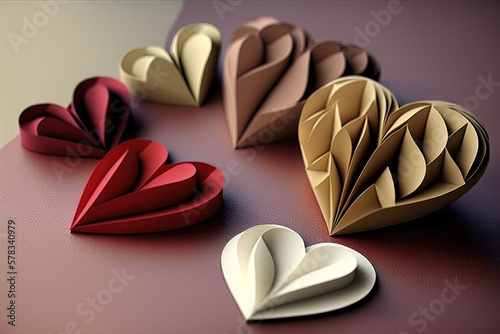 Lots of little paper hearts for valentines on the table