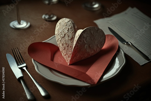 Paper hearts on a napkin and on a plate on the table for Valentine's Day