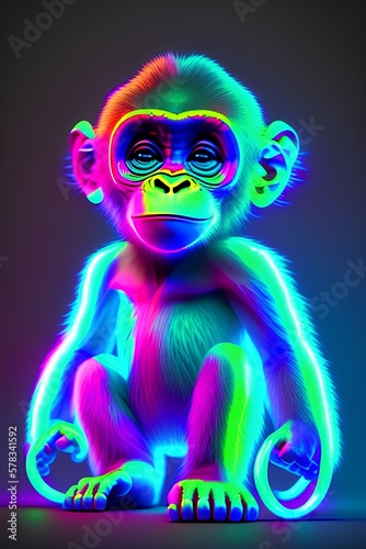 Cute neon monkey with - generative ai