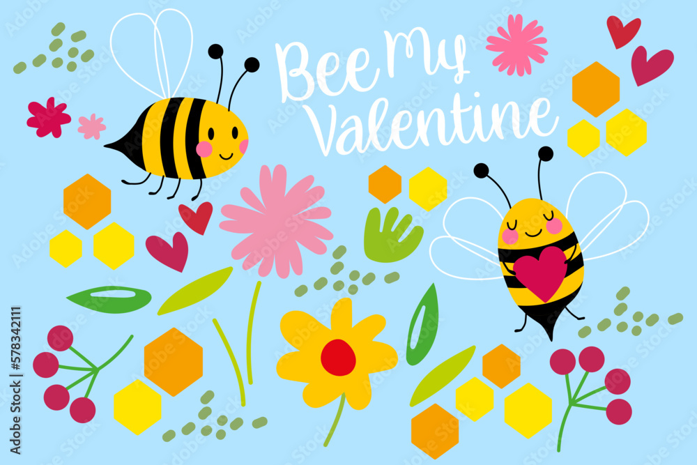 Romantic greeting card for Valentine s Day or wedding, or a print on a t-shirt. Couple of bees in love.Vector illustration. Inscription Bee my honey.