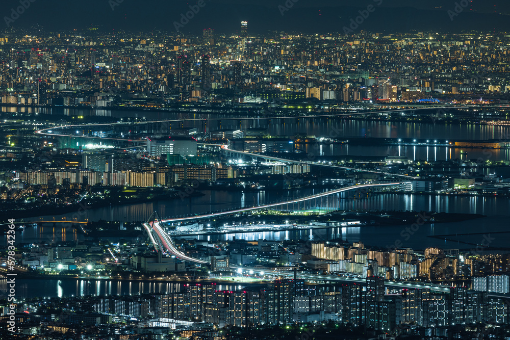 日本　兵庫県神戸市の六甲山天覧台から眺める大阪市街地の夜景