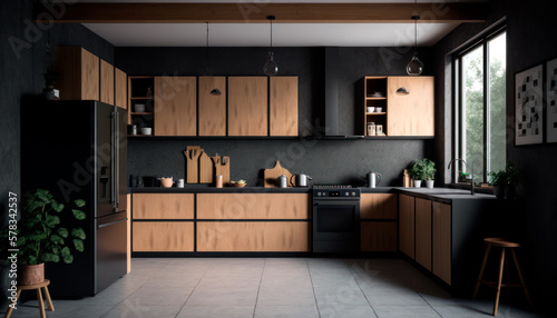 Modern and minimalist kitchen with wooden cabinets and black concrete countertops, generative ai © ArgitopIA