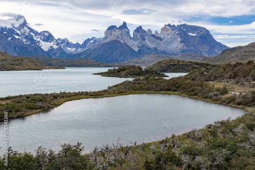 Fototapeta Naklejka Na Ścianę i Meble -  Lake and snowy mountains of Torres del Paine National Park in Chile, Patagonia, South America